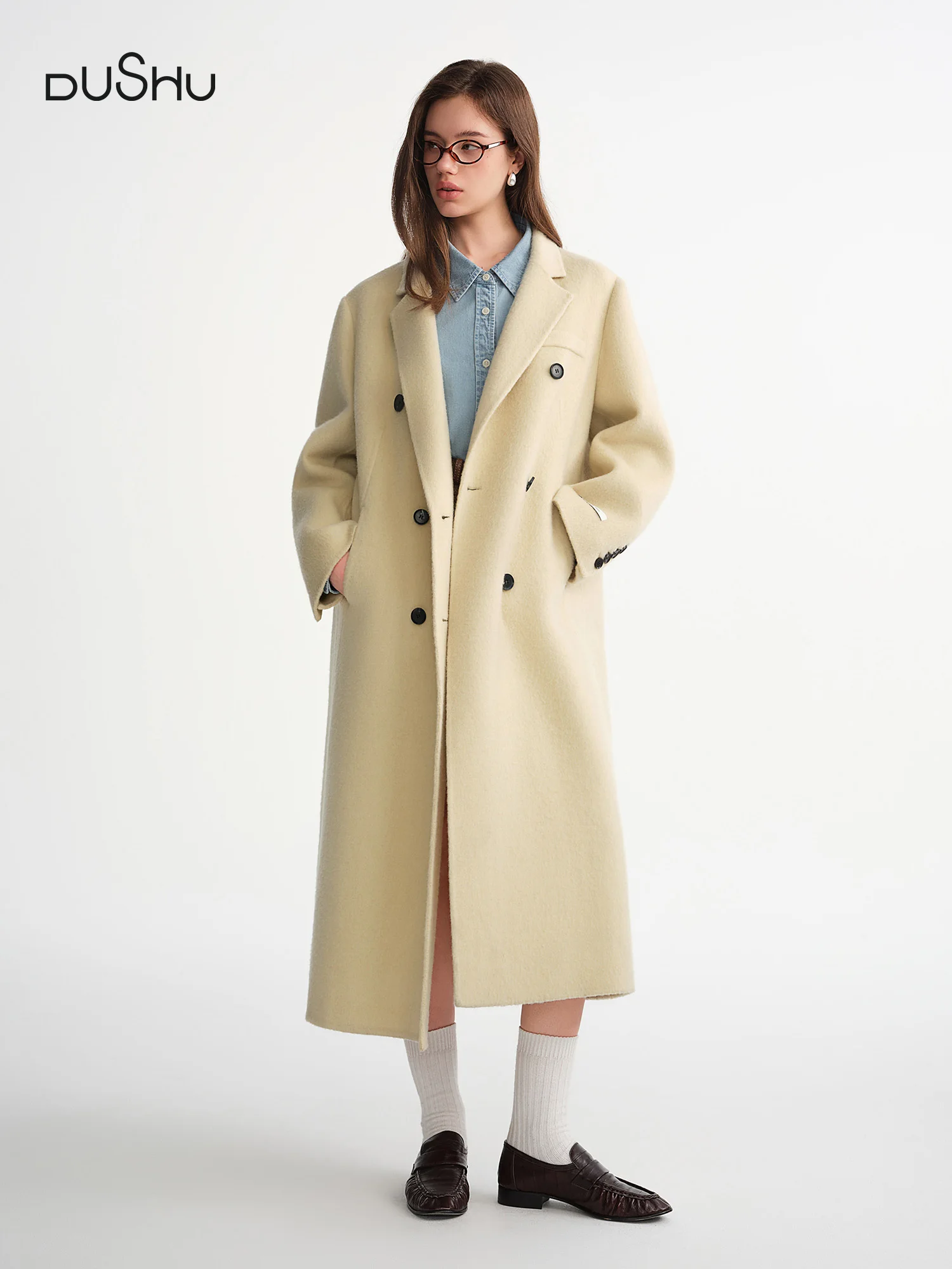 

DUSHU Winter 2025 Women's Notched Lapel Double Faced Wool Blend Coat - Classic Timeless Trench Style Outerwear with Elegant