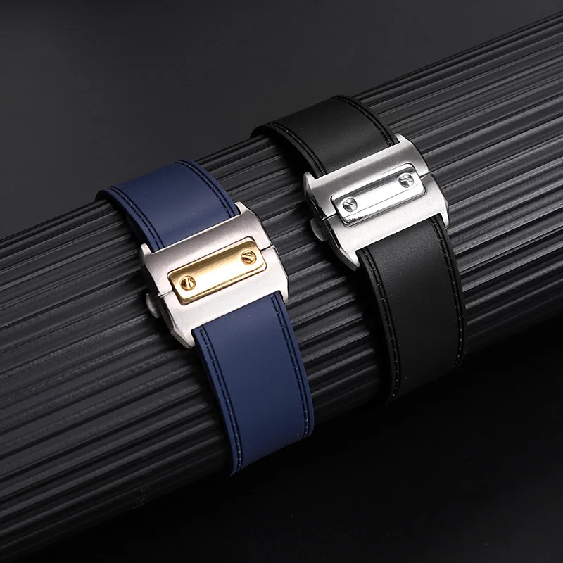 23 مللي متر 25 مللي متر حزام ساعة مطاطي عالي الجودة لساعة كارتييه الفرقة الرجالية سانتوس 100 سلسلة مشبك قابل للطي إكسسوارات أسود أزرق