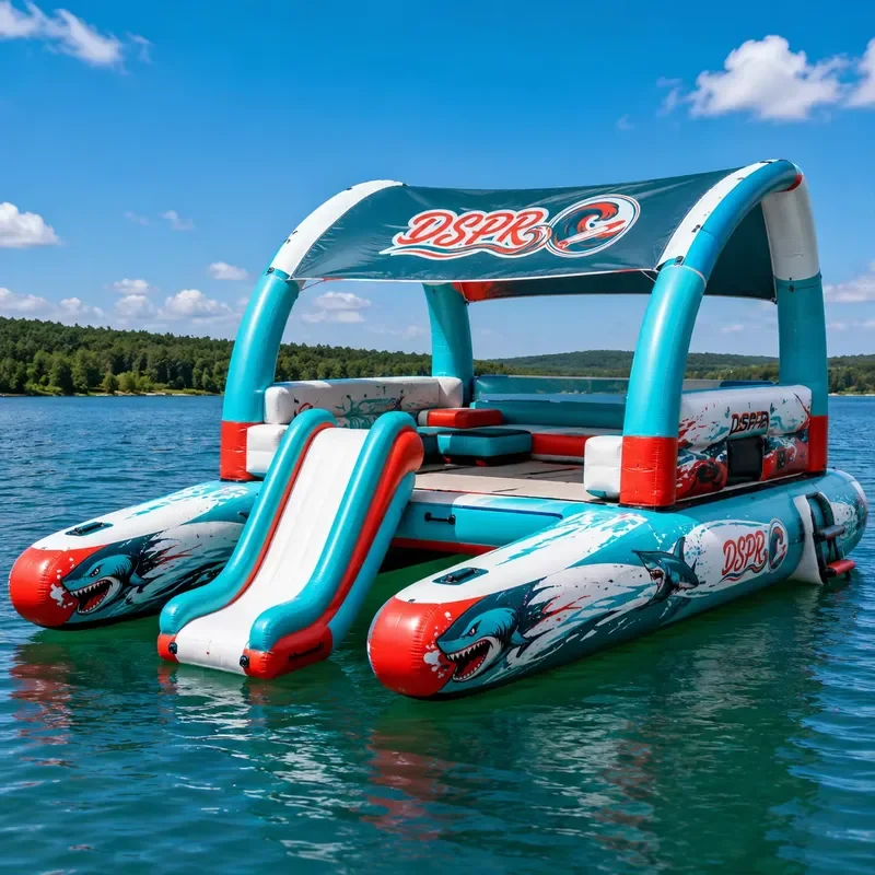 Bar and Canopy Inflatable Floating Island with Slide Unique Structure Eye Catching Water Platform for Summer