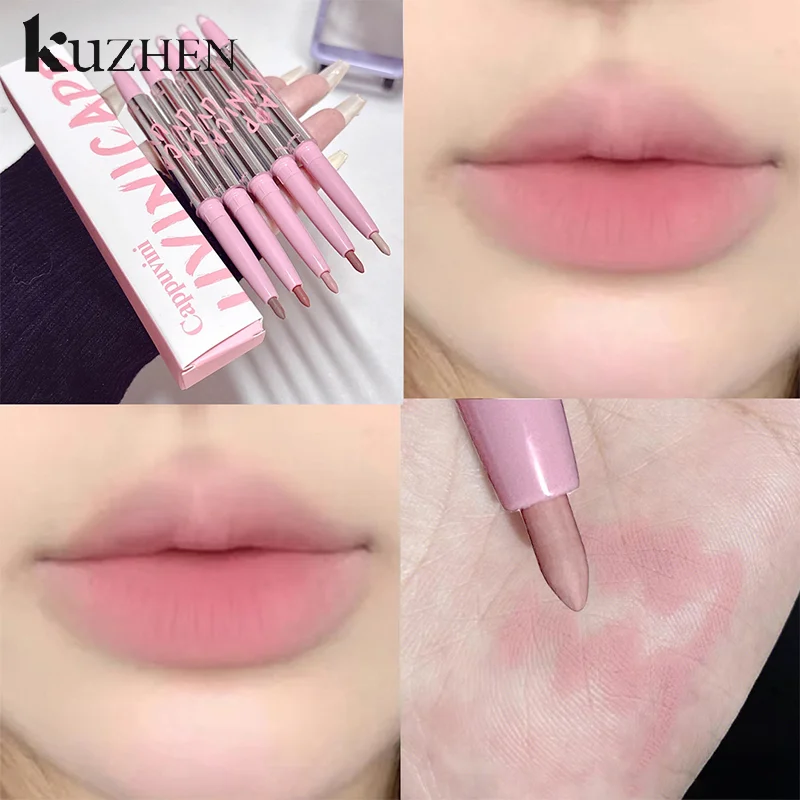 Cappuvini 1PCS Double-headed Nude Lip Liner With Fluffy Lip Brush Lip Makeup Long Last Velvet Matte Mist Lipstick Outline Lips