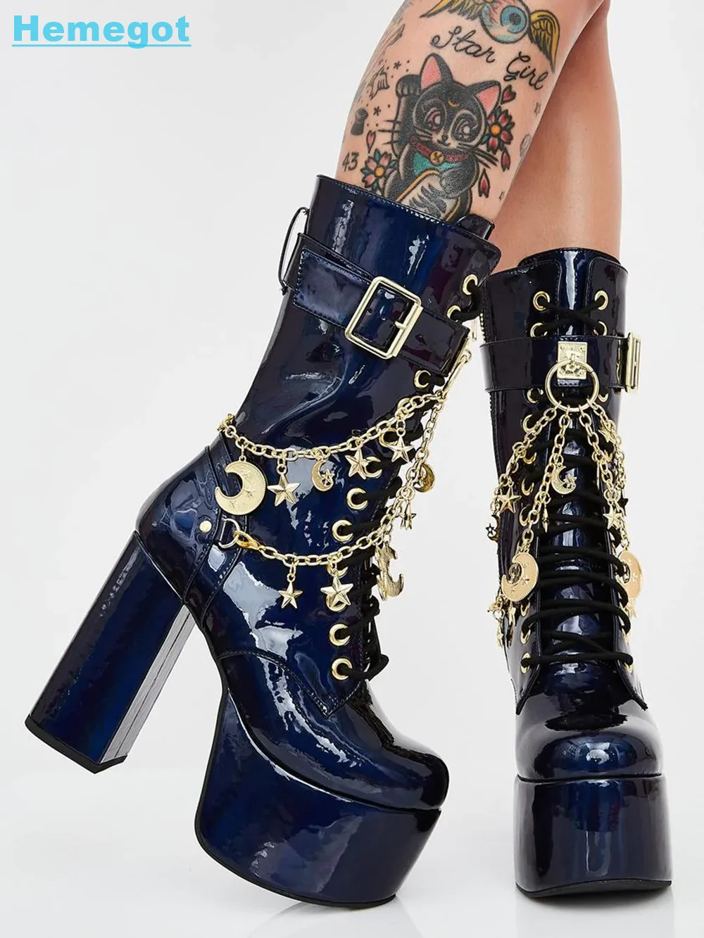 

Platform Chain Star Moon Decor Ankle Boots Lace-Up Buckle Strap Side Zipper Block Chunky Heel Round Toe Black Solid Women Shoes