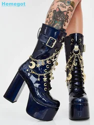 Platform Chain Star Moon Decor Ankle Boot Lace-Up Buckle Strap Side Zipper Block Chunky Heel Round Toe 2025 Zapatos Para Mujere