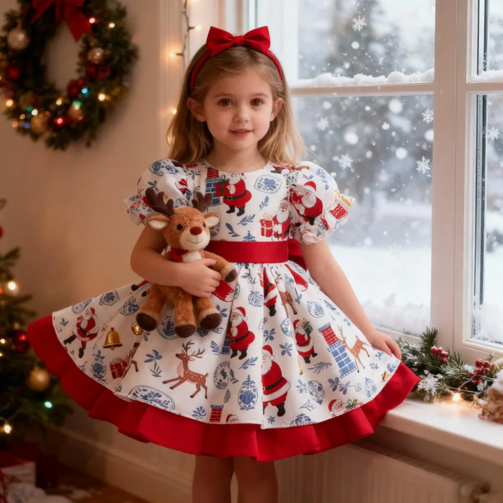

New Kids Girl's Red Santa Claus Christmas Dress Cartoon Print Satin Dresses For Children's Performance Festival Party Costume