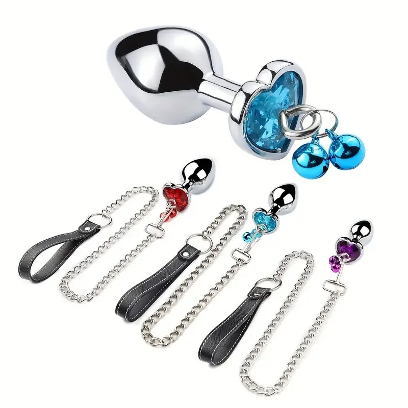 Stainless Steel Anal Plug Heart Gem Bells BDSM Fetish Butt Plug Leash Chain Temperature Play Sex Toys for Couples