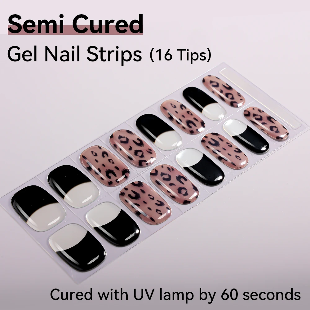 16Tips Full Cover Nail Stickers Leopard Pattern Sparkling Semi-Cured Nail Polish Sticker Long-Lasting Self Adhesive DIY Manicure