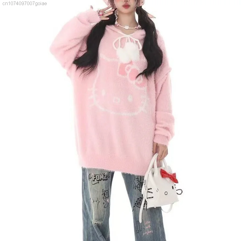 Sanrio Hello Kitty Sweet Patchwork Sleeve Hooded Sweater Damski żakardowy jesienny luźny luźny pulower Student Dzianinowe bluzy z kapturem