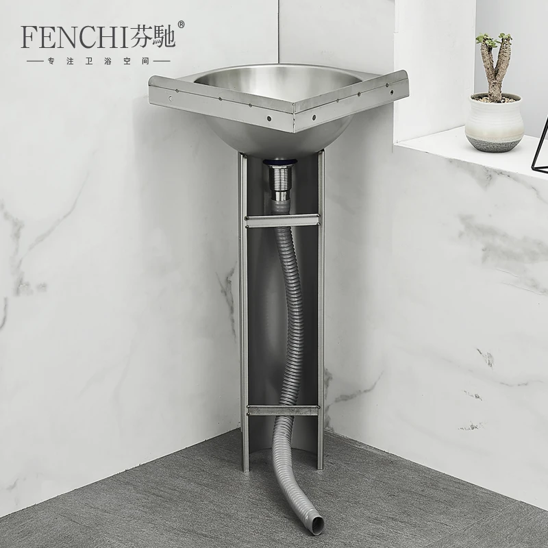 Lavabo triangular de acero inoxidable 304, lavabo de columna para apartamento pequeño, montado en la pared, tipo de suelo