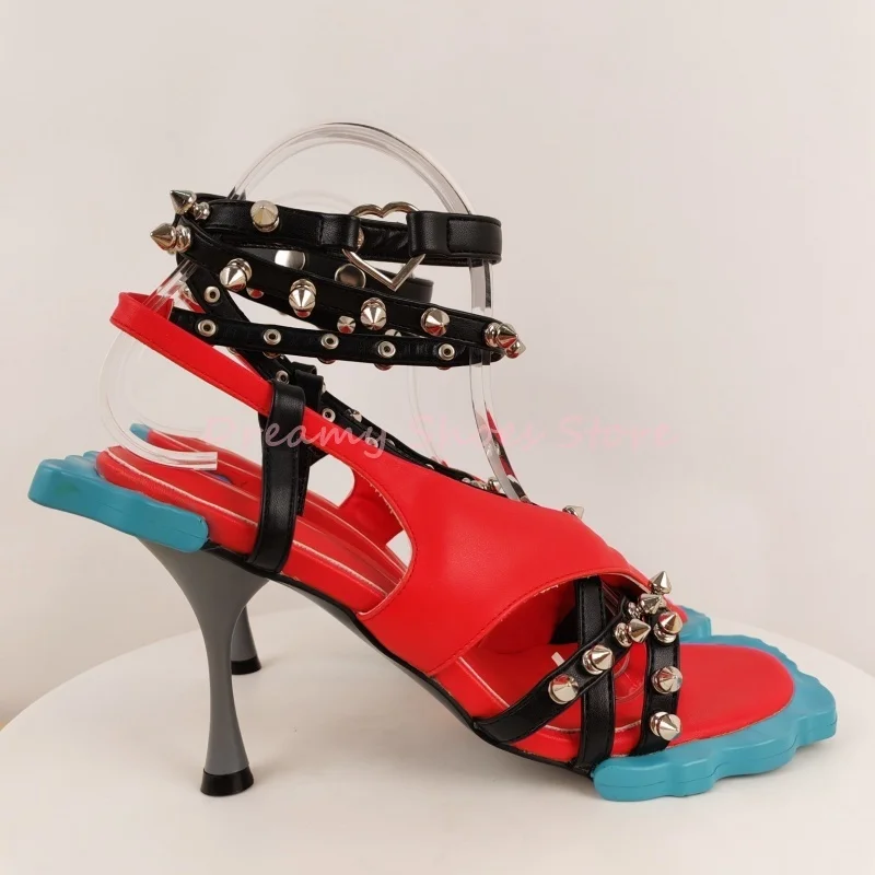 레드 리벳 플라워 솔 슬링백 스틸레토 샌들 여성 버클 스트랩 플립플랍 하이힐 패션 노벨티 패치워크 파티 슈즈