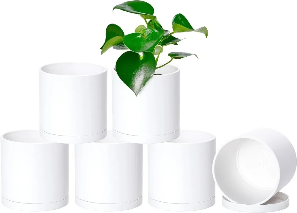 

6 Pack 5 Inch Modern Plastic Plant Pots, Small Garden Planters for Plant with Drainage Holes and Saucers, White Color