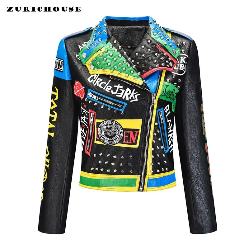 Contrast Graffiti Print Faux Leather Jacket Women 2024 New Streetwear Rock Punk Slim-fit Short Racing Motorcycle Jackets XXXL