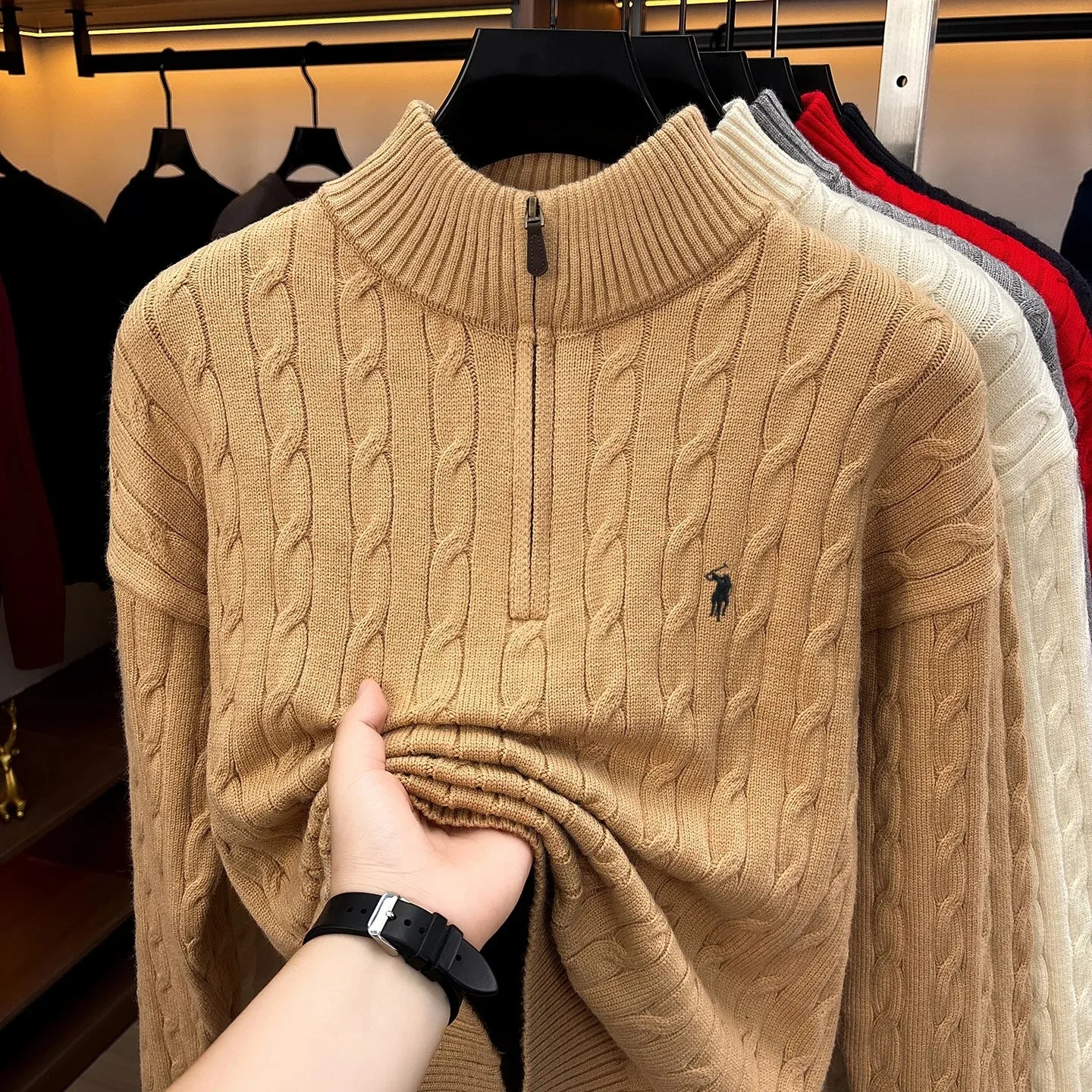 Mode Halb-Reißverschluss Pullover Herren Herbst Winter Wärme neue schöne Zipper Design Luxusmarke Golf Pony Stickerei Stricken Sweater – Detail 8