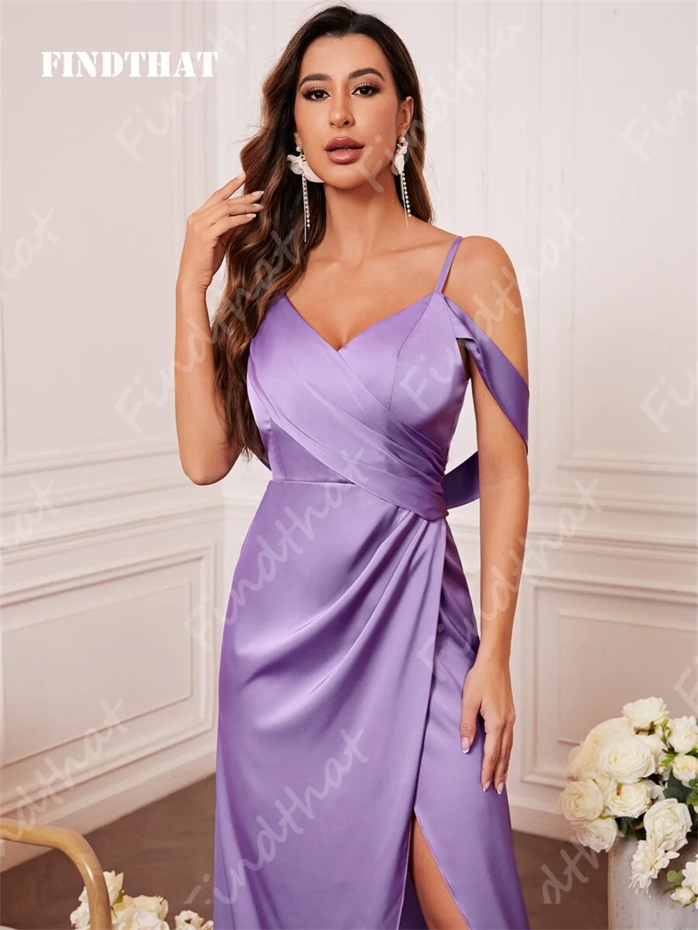 Findthat Chic Silk Satin Ruched V-Neck Cold-Shoulder Mermaid Bridesmaid Dresses with Side Slit Formal Evening Party Gowns 2024