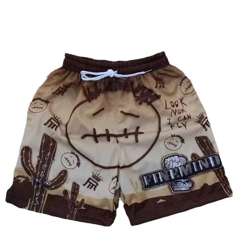 

American trend graffiti style wasteland shorts Men's and women's mesh quick-drying loose cropped pantsqv