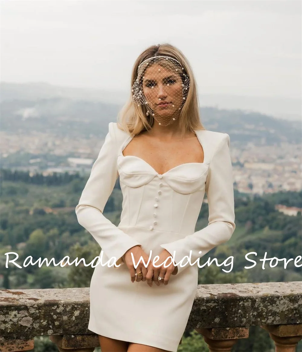 Ramanda Simple Elegant Wedding Dresses Above Knee Long Sleeves V-Neck Button Temperament Bridal Gown for Women robe de mariée