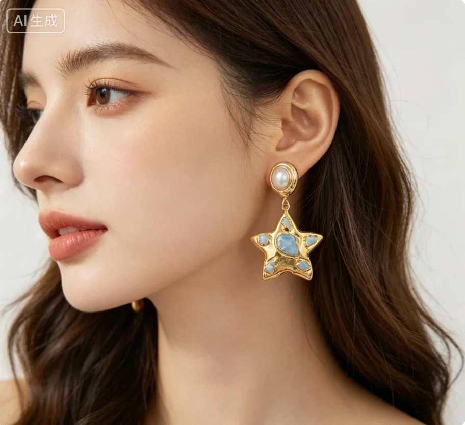 WT-E674 Unique Gorgeous Natural Ocean Jasper Stone Star Earrings With Pearl Studs 18k Real Gold Plated Charming ACC