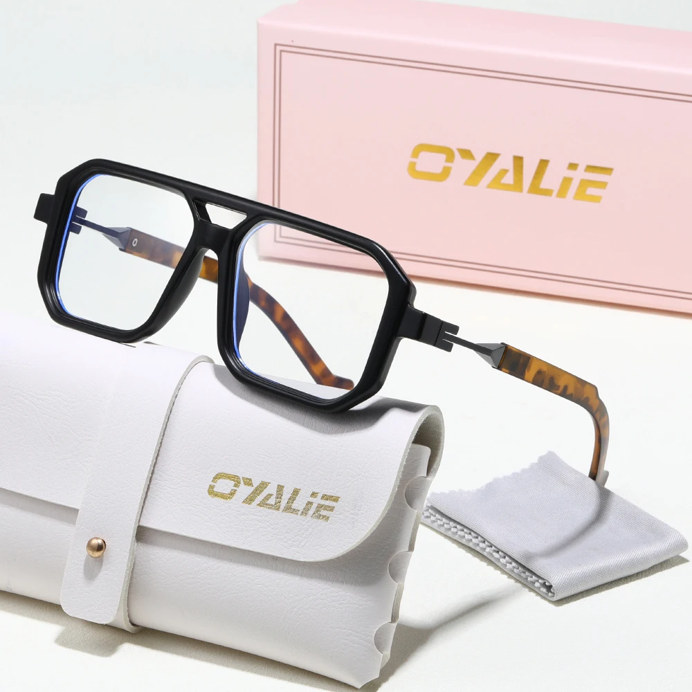 Oyalie Fashion Women's Anti-Blue Glass Style Square Double Bridge Frame, Tortoiseshell Multi-Color Frame, Suitable for Computers and Mobile Phones to Read