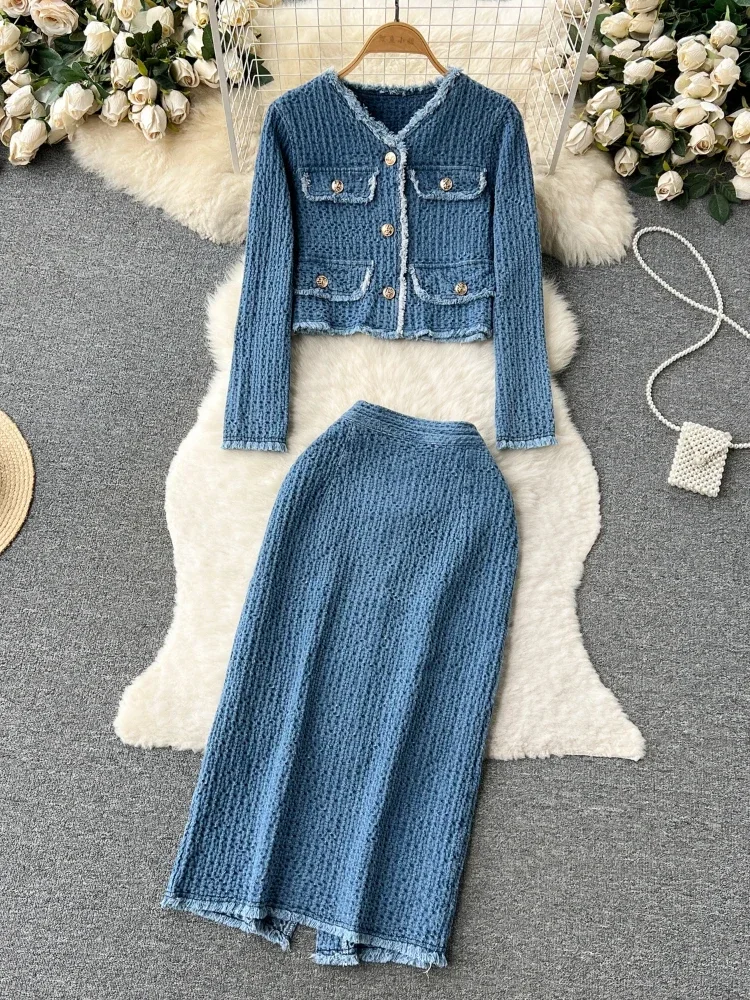 Women Office Lady Knitt Denim Suits Long Sleeves Autumn Blouse+Split Long Skirt Vintage Fashion Designer Jeans 2 Piece Sets 2024