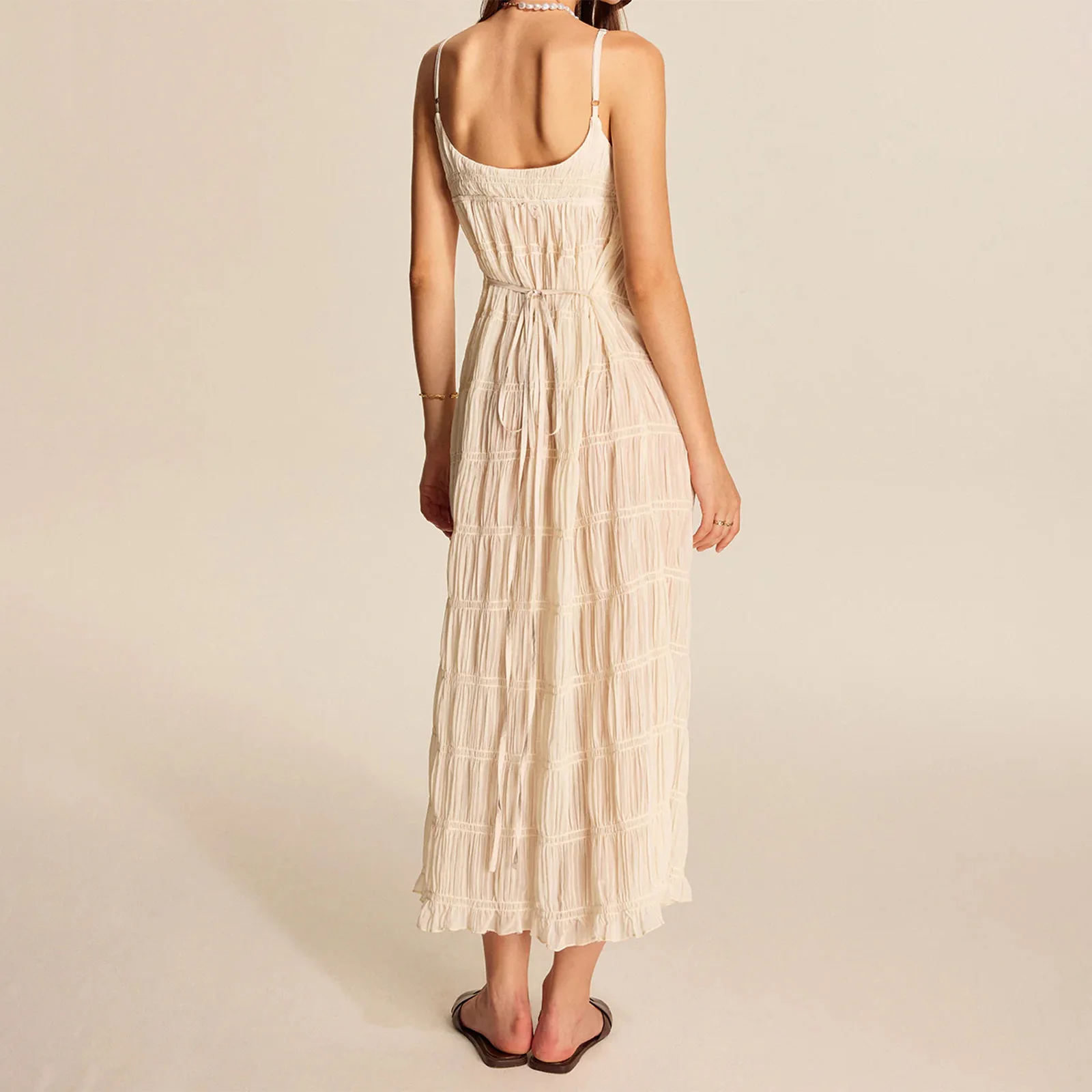 Combhasaki Abito lungo dritto da donna estivo con spalline regolabili senza maniche con scollo a V increspato e cintura smock con allacciatura sul retro
