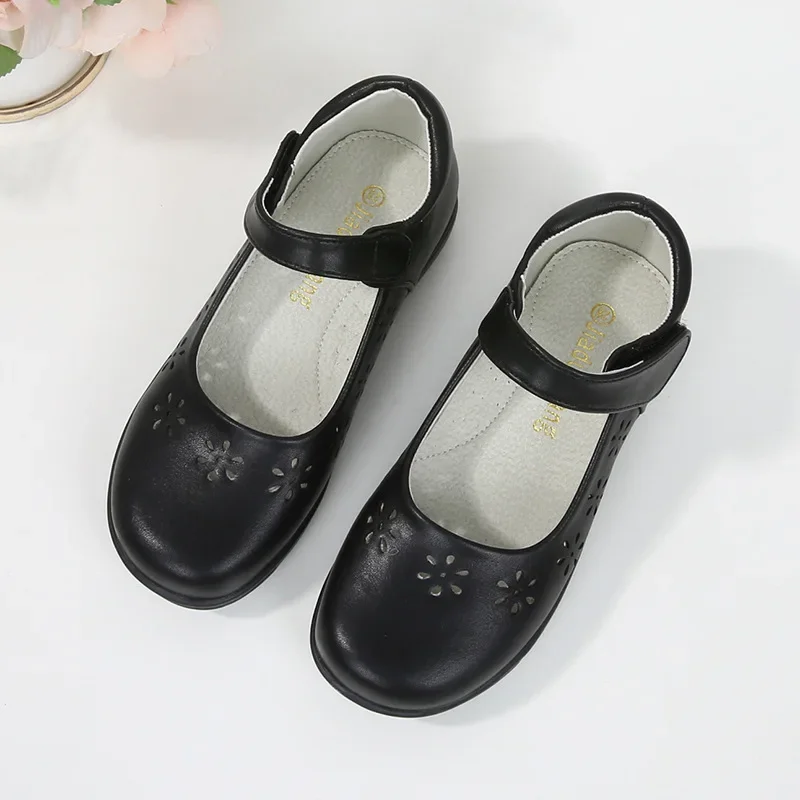 Kids Leather Shoe Cut-outs Causal Black School Girl Shoes for Performance Princess Fashion Versatile Children Uniform Flat Shoes