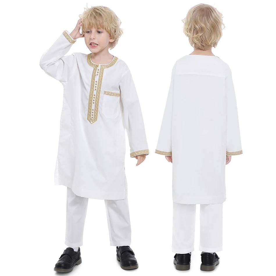 

Children Thawb Kids Arab National Clothing Set Boy Long Sleeve Muslim Thobe Teens Summer Folk Tops and Pants 2023 Ramadan Outfit