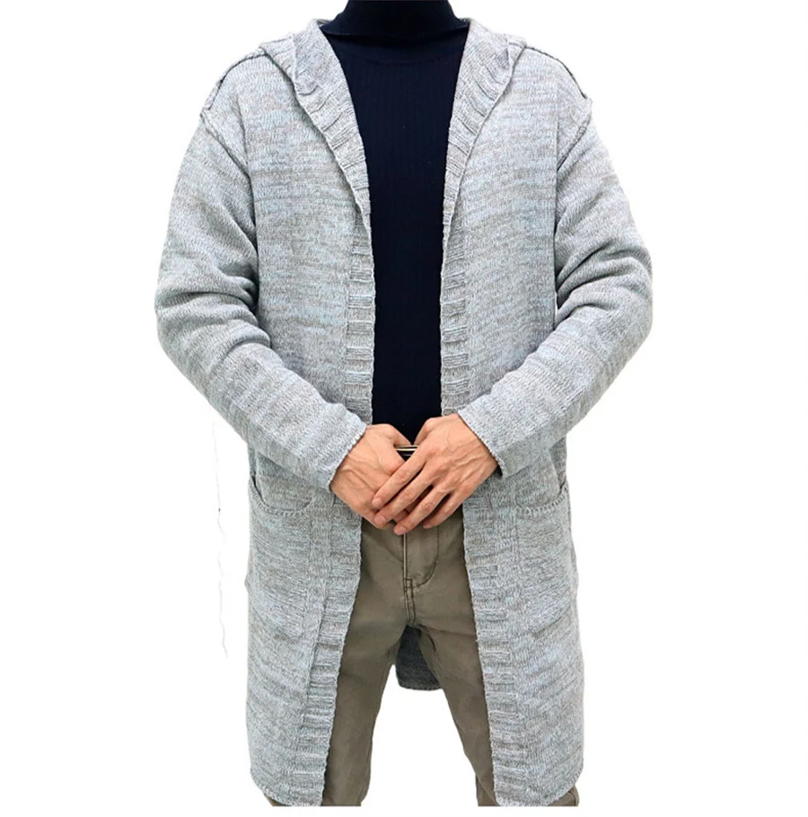 Gray Men\'s Knitted Cardigan Fashion Long Sweaters Male Casual Long Sleeve Outerwear Autumn Winter Warm Hoodie Loose Streetwear