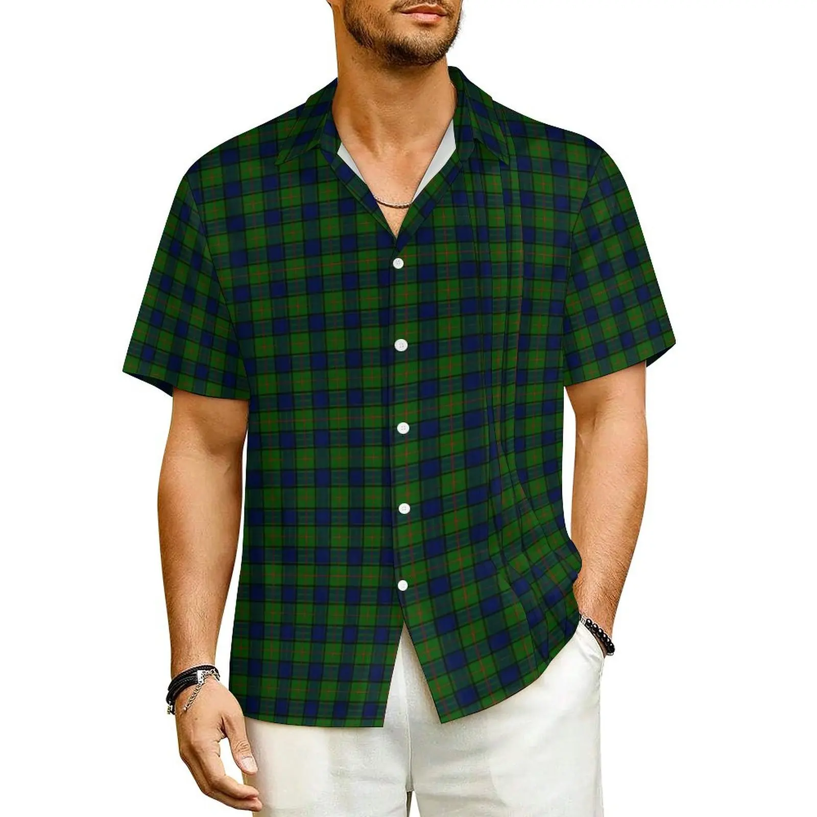 

Blue Green Plaid Summer Shirt For Male Beach Checkerboard Casual Shirts Short-Sleeve Harajuku Design Loose Plus Size Blouses