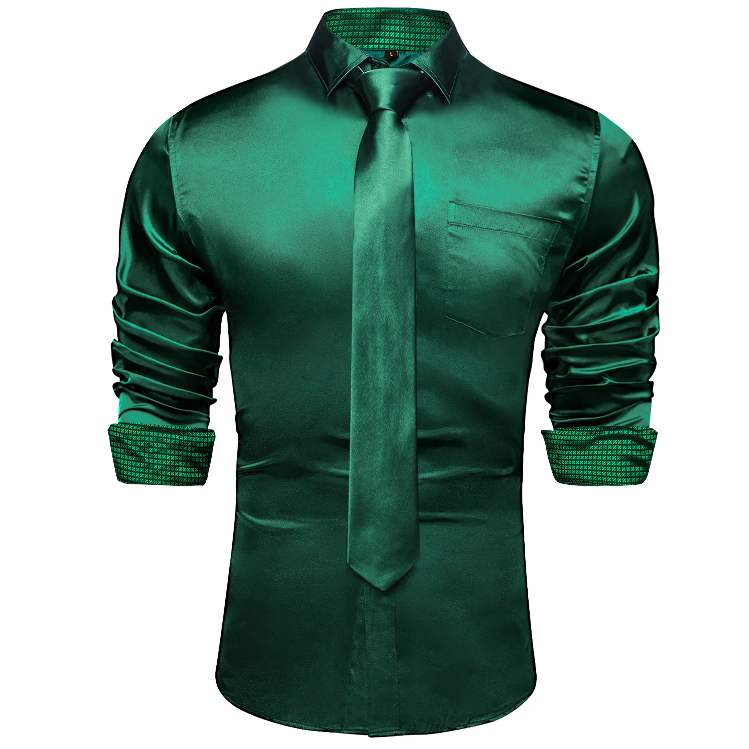 Green Plaid Splicing Contrasting Colors Long Sleeve Shirts For Men Designer Stretch Satin Tuxedo Shirt Men Clothing Blouses