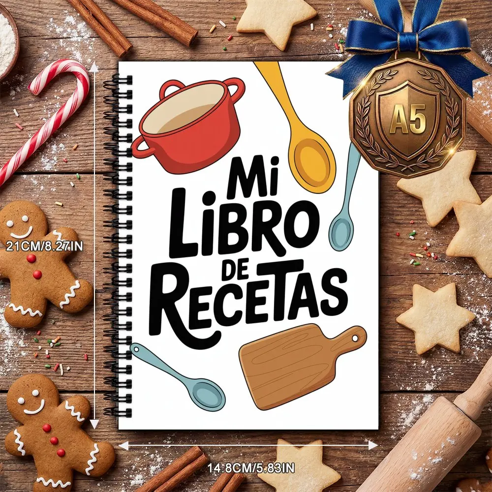 A5 Spanish version recipe notebook, Collection Holds Up to 100 Recipes with Cooking Utensils (Pot, Spoons, Cutting Board) Design