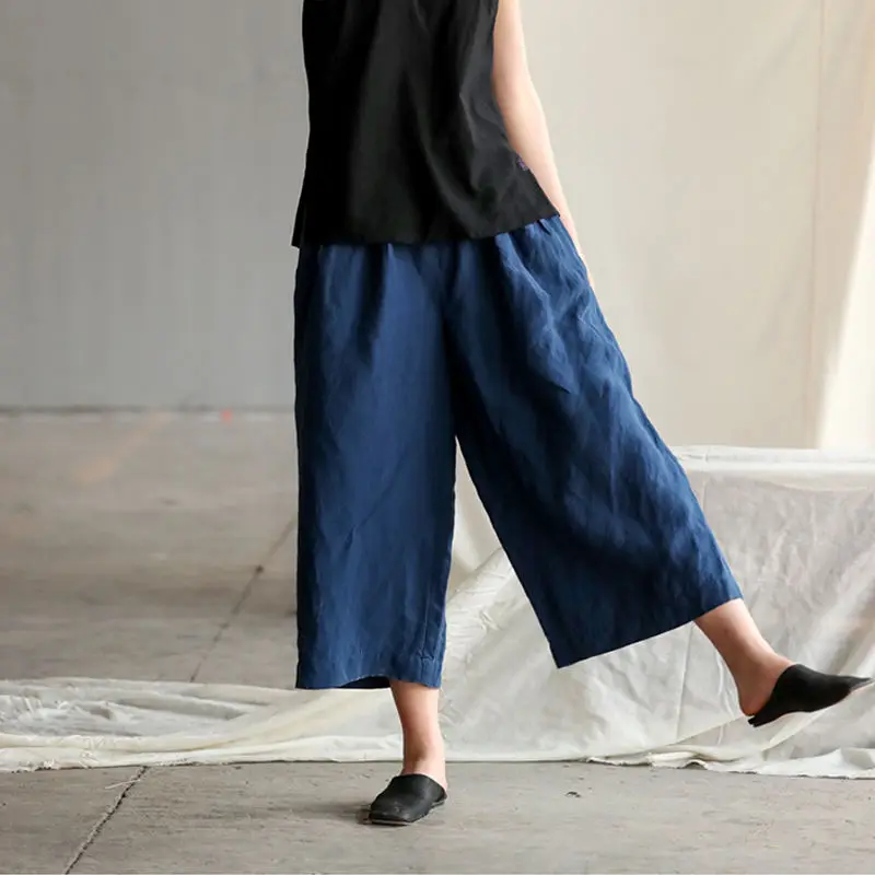 Cotton Linen Wide Leg Pants Artistic Style Summer New Straight Thin Large Casual Nine Points Pants Commute Style Natural Waist