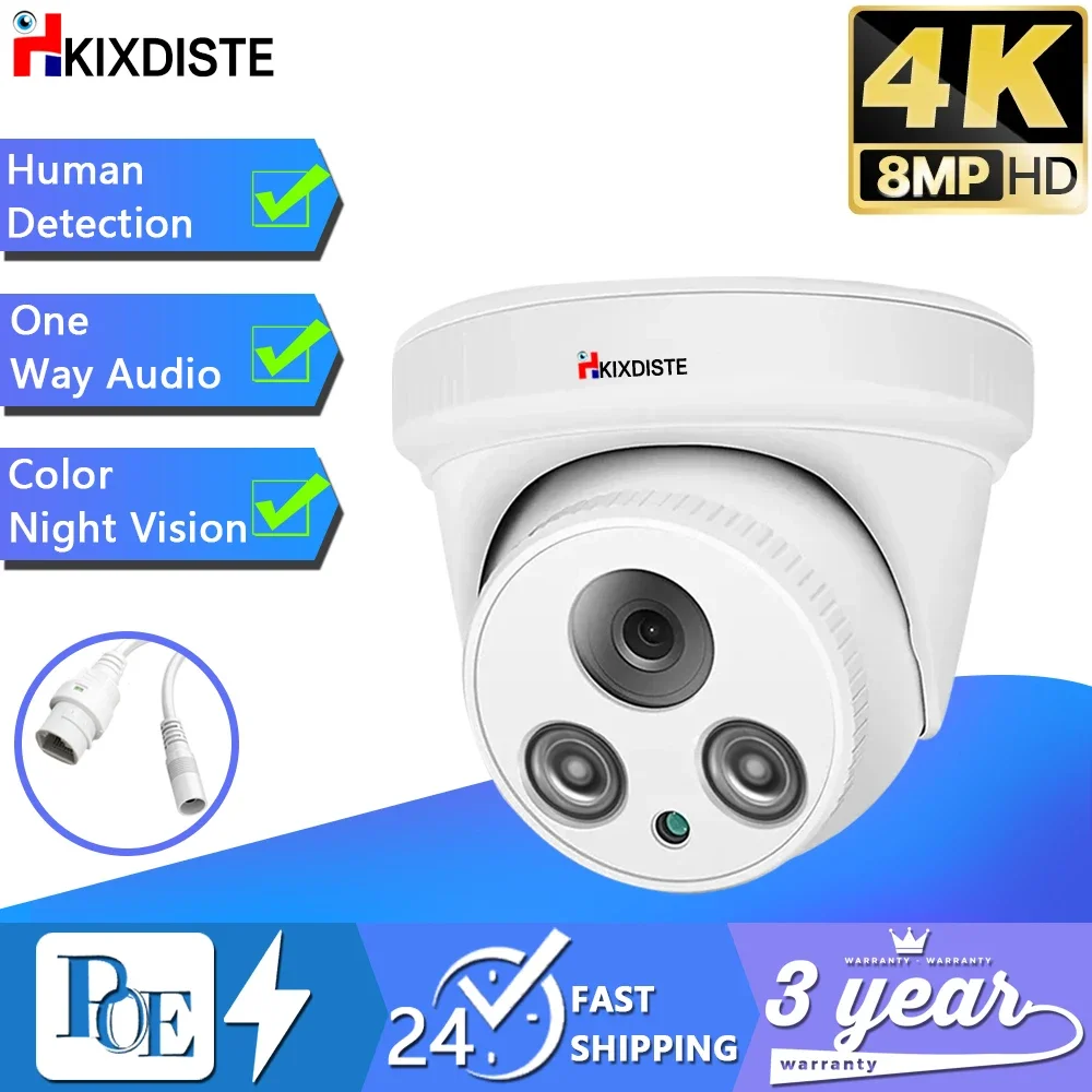 

48V POE 4K 8MP Colorful POE IP Cam Metal Dome Security Camera Full Color Night Vision 50-60m Mic/Audio Surveillance Video IP67