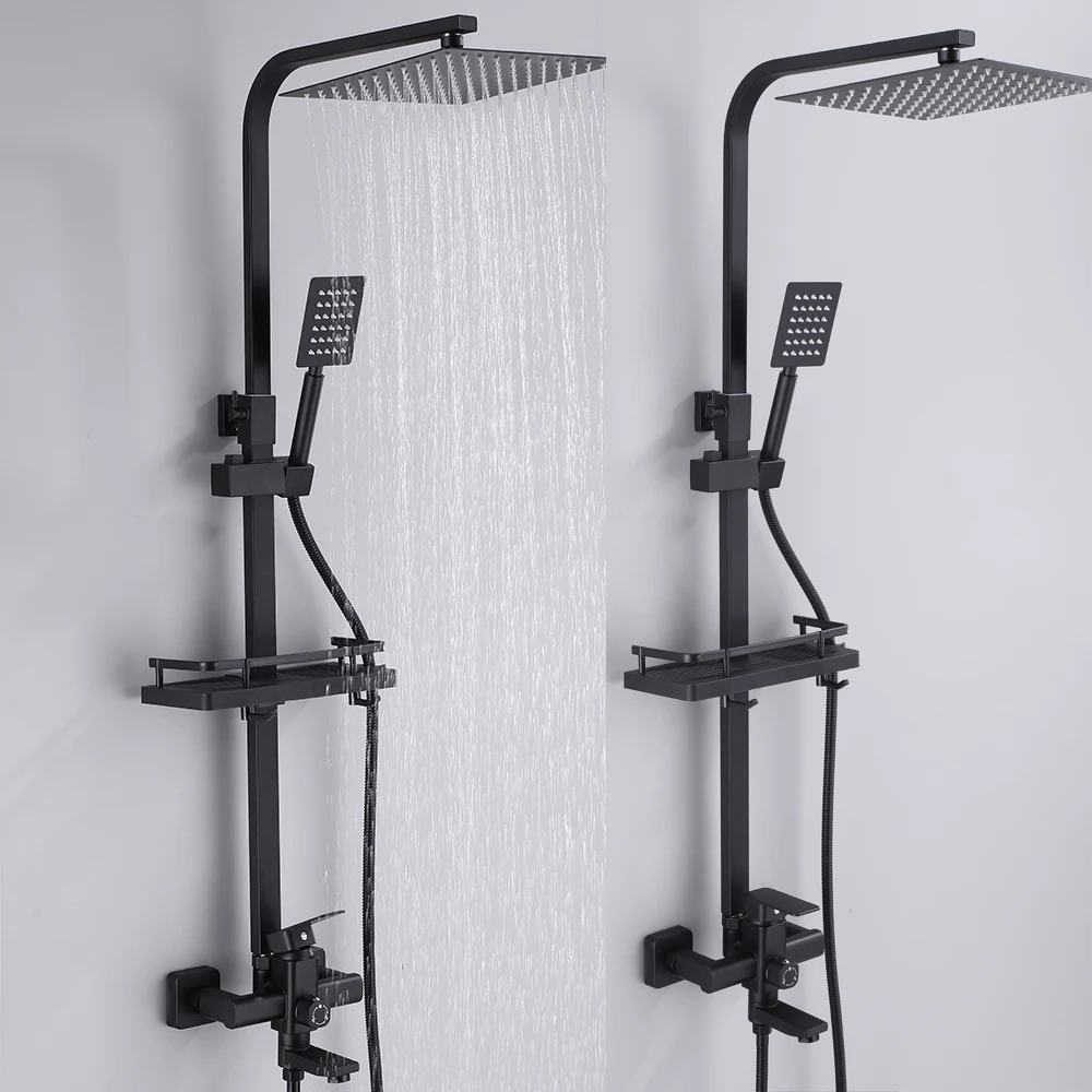 Black Square Shower Faucet Set  Rainfall High Quality All Metal Stainless Steel Bathtub Mixer Tap With Bathroom Shelf