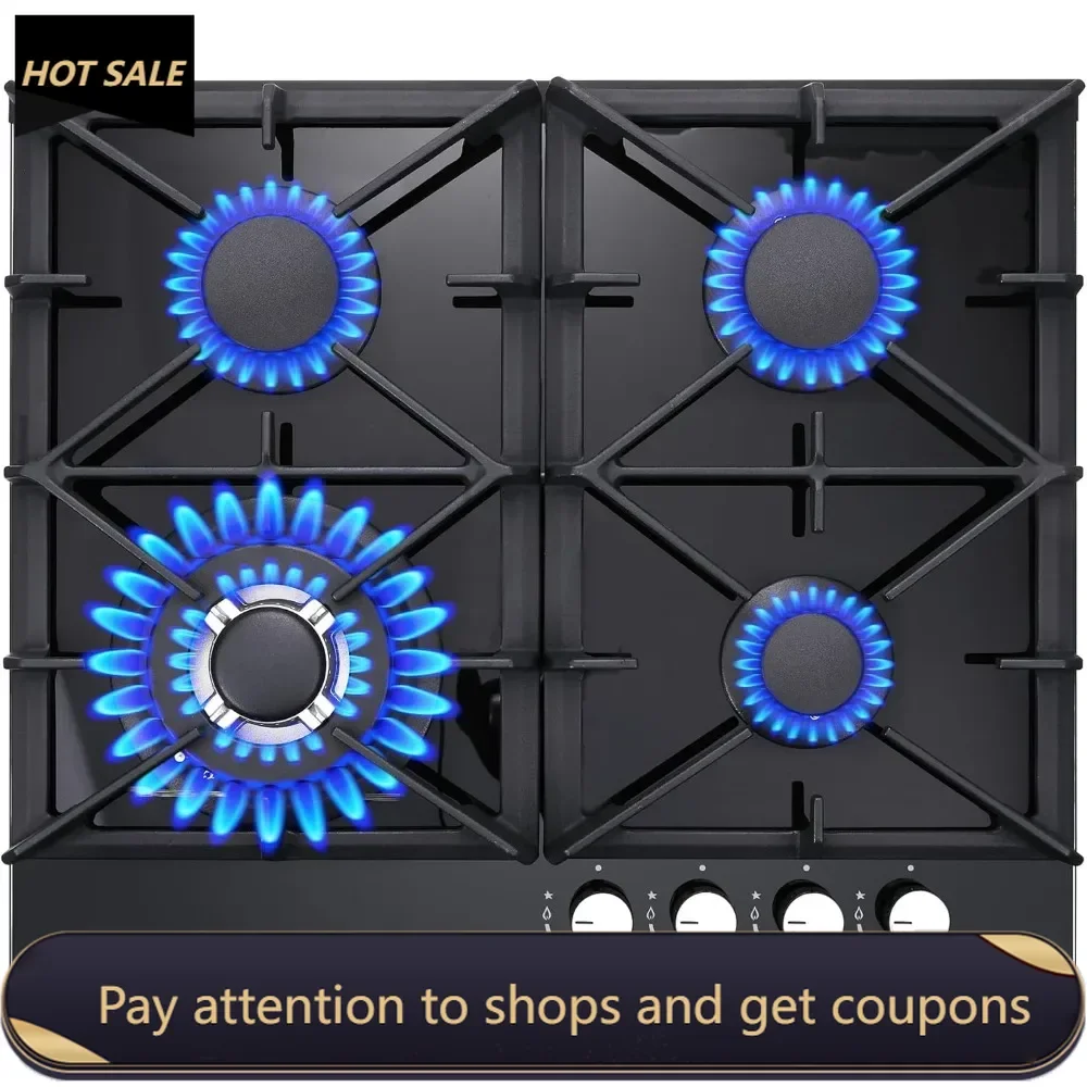 

Gas Stove Top 24 inch，24 inch Gas Cooktop4 Burner，Black Tempered Glass Dual Burners Propane Cooktop with Thermocouple Protection