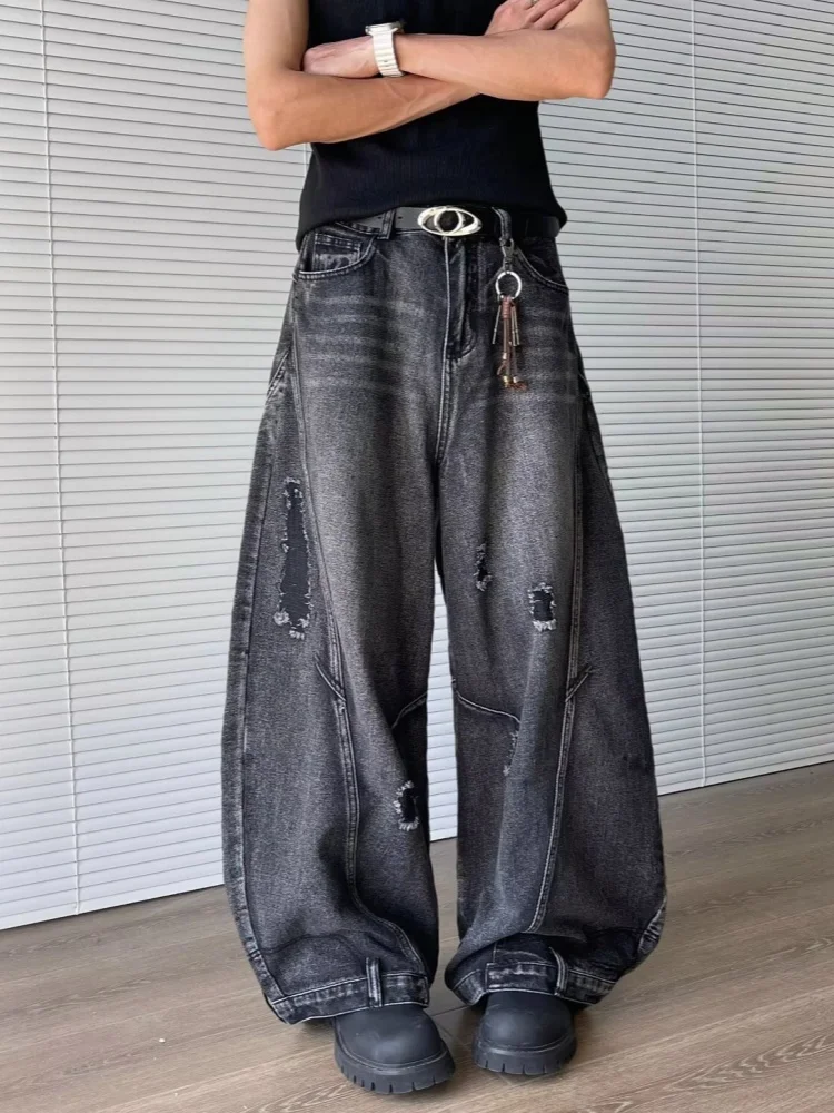 2025 Cyber Y2K Streetwear Washed Black Baggy Ripped Jeans Pants For Men Clothing Wide Leg Hip Hop Long Trousers Pantalon Homme