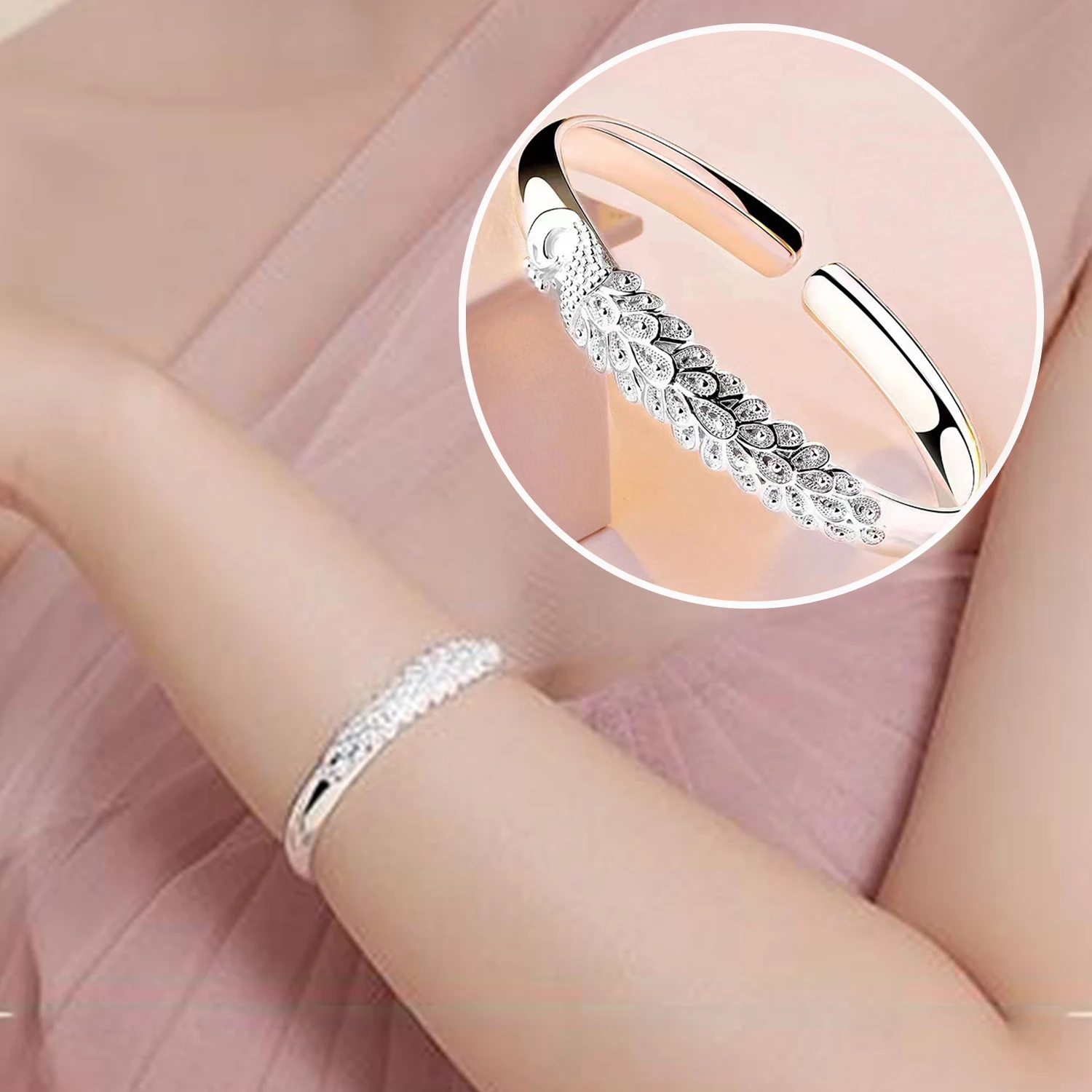 New sterling silver elegant Peacock opening screen bracelet Bangles for women fashion party wedding Accessories jewelry gift