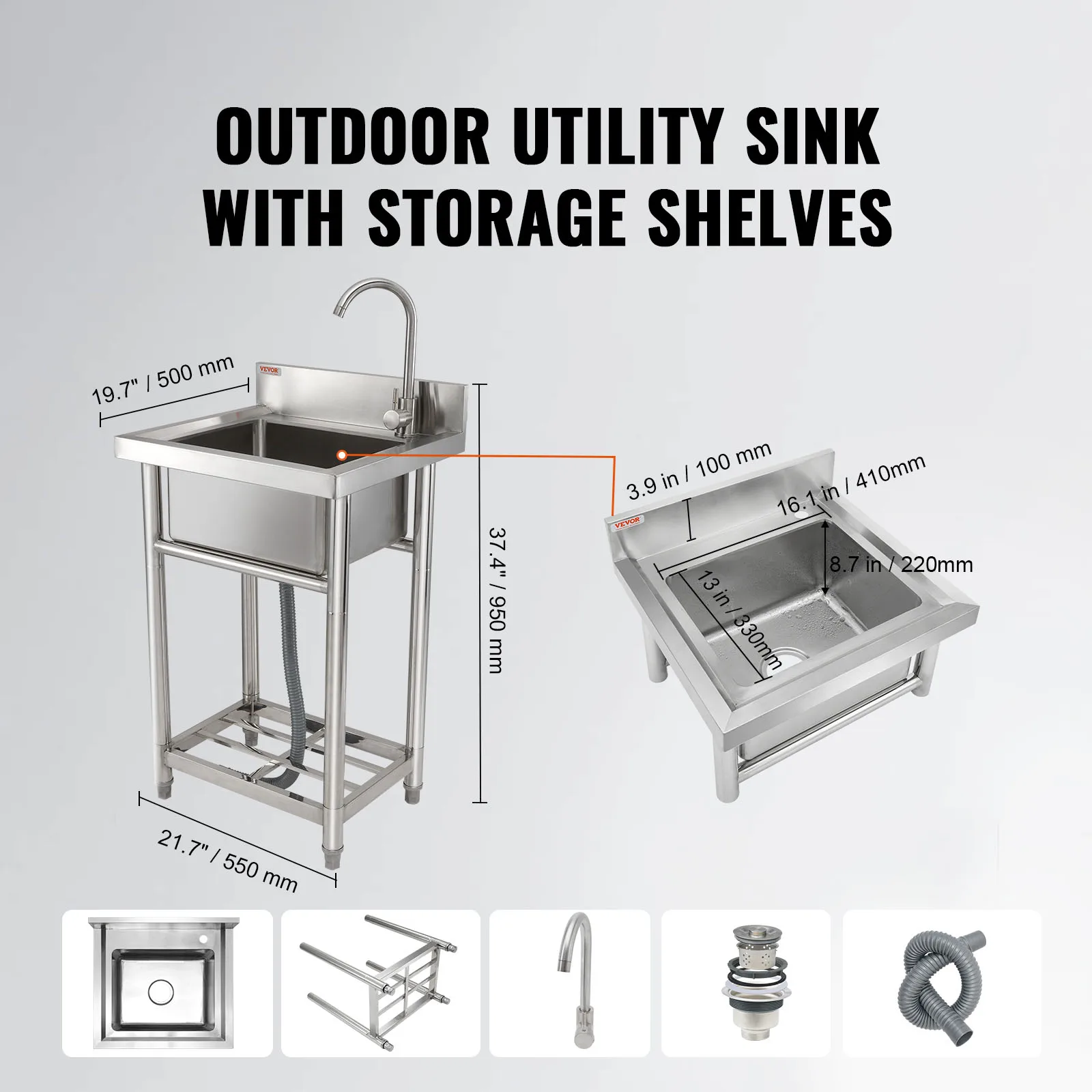 VEVOR Stainless Steel Utility Sink 1 Compartment Free Standing Small Sink Include Faucet & legs