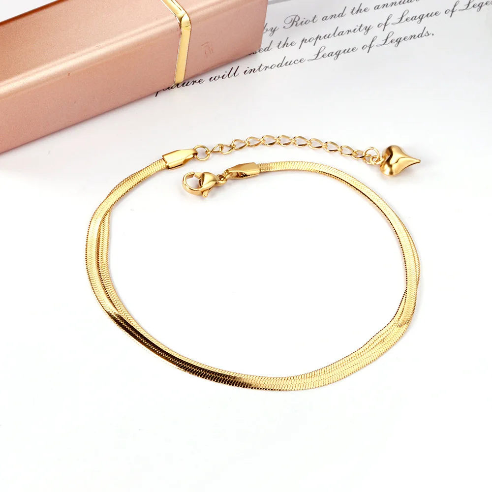 Mit Geschenkbox Doppellagiges Schlangen-Fischgrät-Ketten-Fußkettchen für Frauen Edelstahl Gold Silber Farbe Minimalistischer Fußschmuck – Detail 10