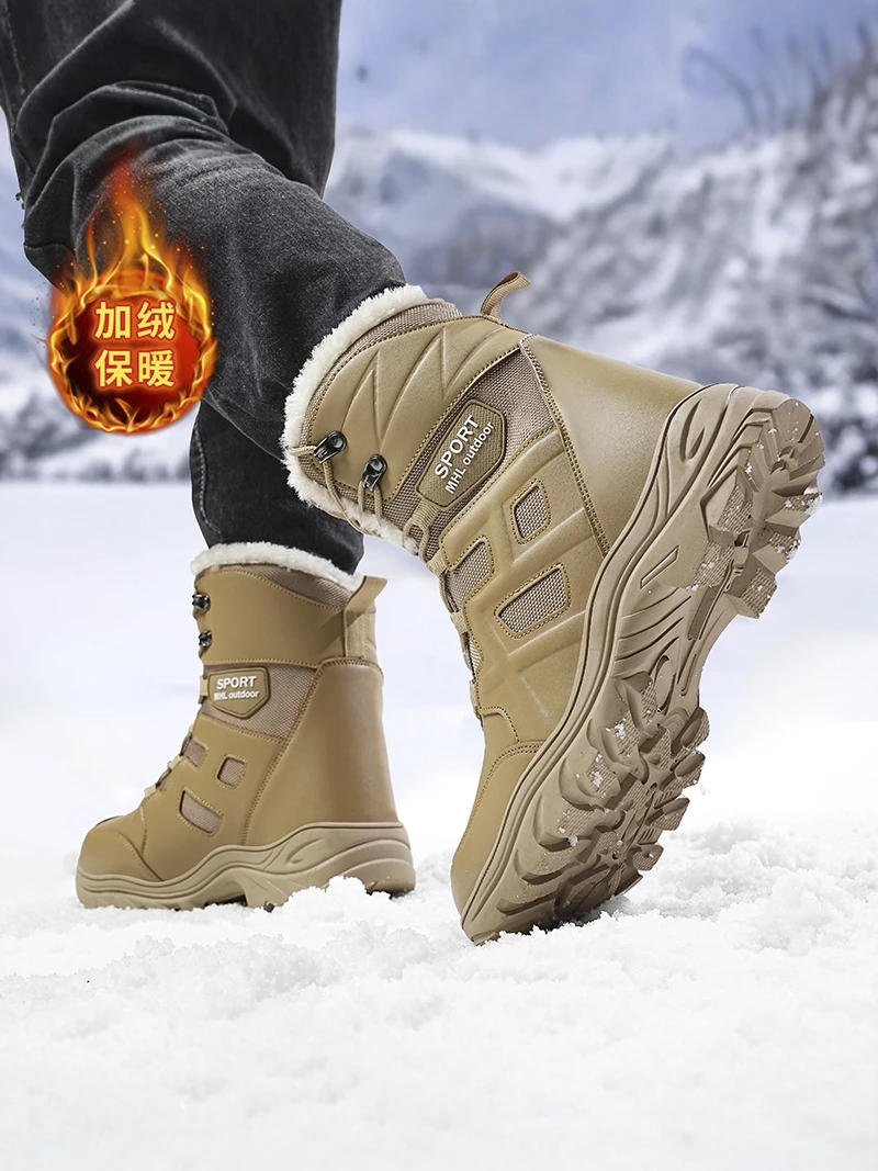 

Men's Winter Snow Boots Fleece Lined Leather Upper High Top Outdoor Cotton Boot Warmth Waterproof Large Size 47 Zipper Closure