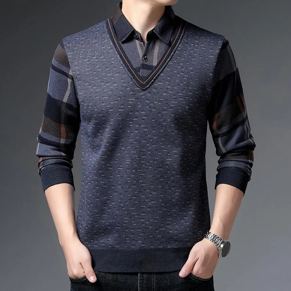 Men Long Sleeve Shirt Lightweight Sweater Stylish Men's Mid-aged Father Daily Shirt Knitted Plaid Print Sweater for Winter/fall