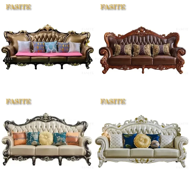 European Style Classic Living Room Furniture Luxury Carved Solid Wood Genuine Leather Sofa Set Elegant Home Decor