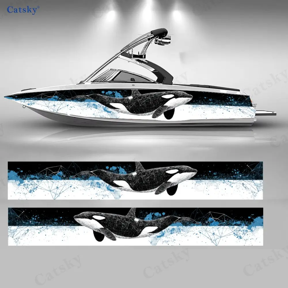 Blue Grid Star Dot Orca Boat Stickers, PVC Waterproof Durable Vinyl Wrap Decals for Fishing Boats, Durable and Stylish Design