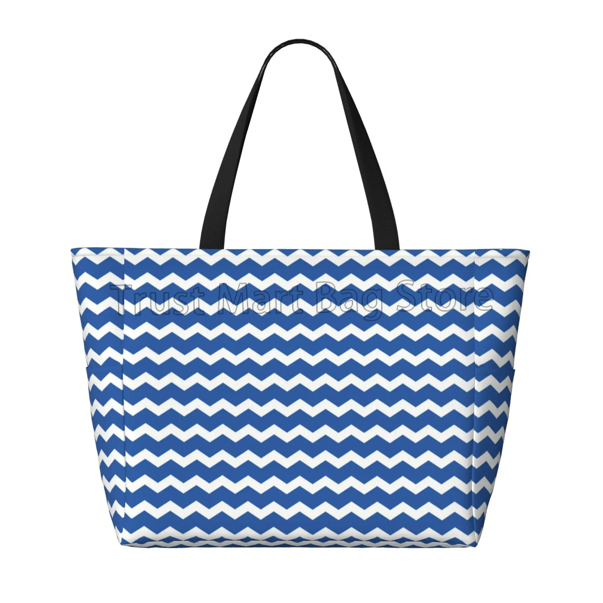 Blue Stripes Large Waterproof Beach Bag for Women Sandproof Tote Bag Pool Bag with Zipper and Pockets for Travel Vacation Gym