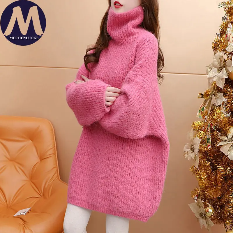 

Sweater for Woman Autumn Winter Lazy Style High Neck Versatile Knitted Sweater Korean Fashion Casual Loose Thick Warm Pullovers