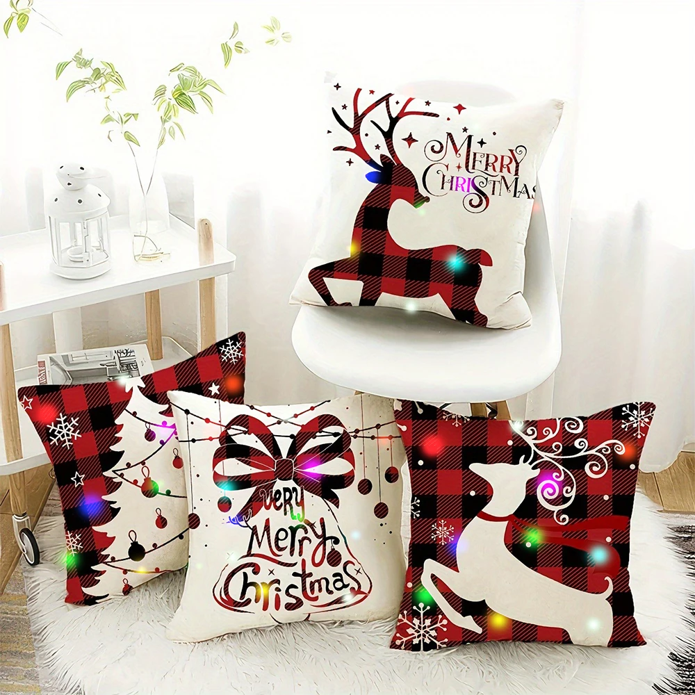 Red and white grid elk LED luminous pillowcase holiday party supplies super soft skin-friendly pillowcase Christmas decoration