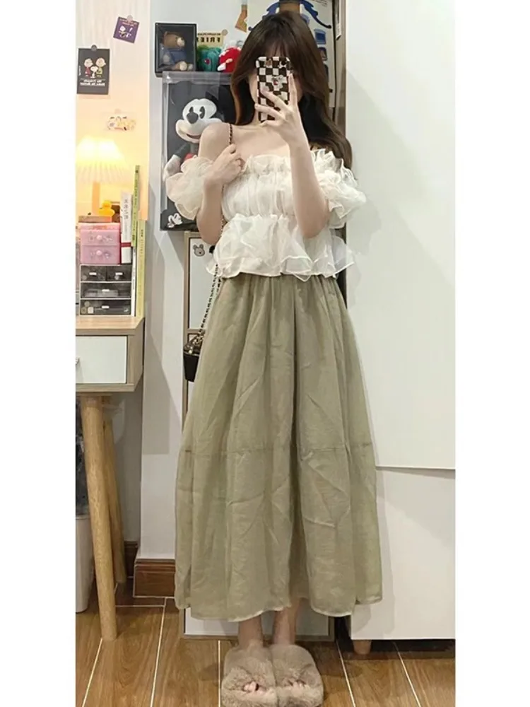 

Summer Tea System Sweetness Two-Piece Set One Shoulder Mesh Skirt Short Sleeve Gentlewoman Style Fashionable Ensemble