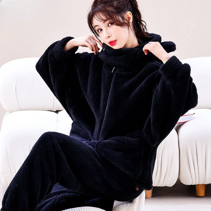 Foreign Fashion Coral Velvet Pajamas Female Autumn Winter Thickened Home Clothing Set Fine Velvet Spring Autumn Long Velvet Wear