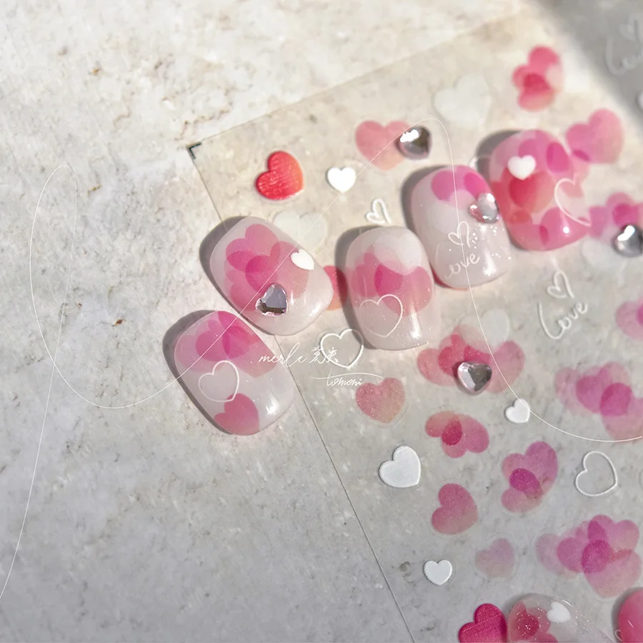 5D Pink Heart Crystal Nail Art Sticker Self Adhesive Transparent Cute Japanese Nail Decorations Stickers Manicure Accessory DIY