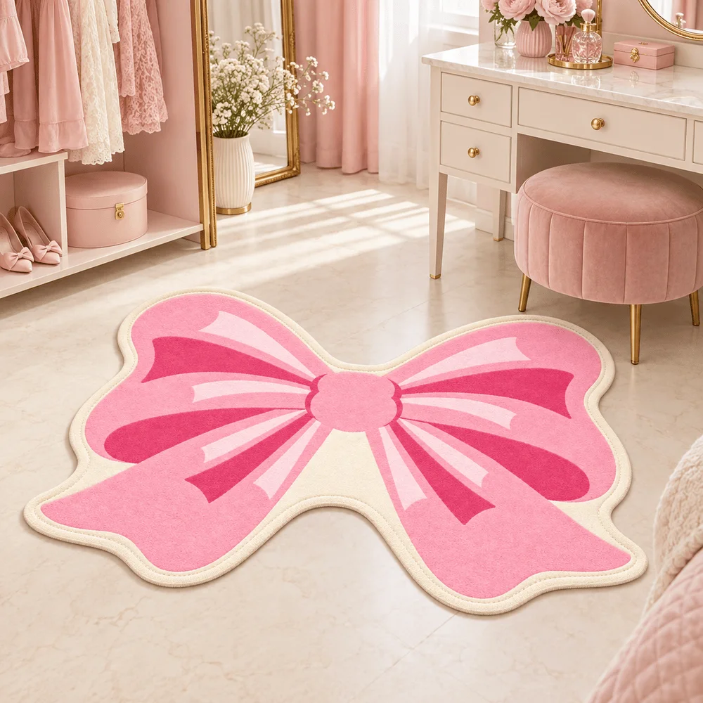Pink Bow Shaped Area Rug Soft Flannel Non Slip Floor Mat For Girls Bedroom Nursery Dressing Room Living Room Home Decor Gift
