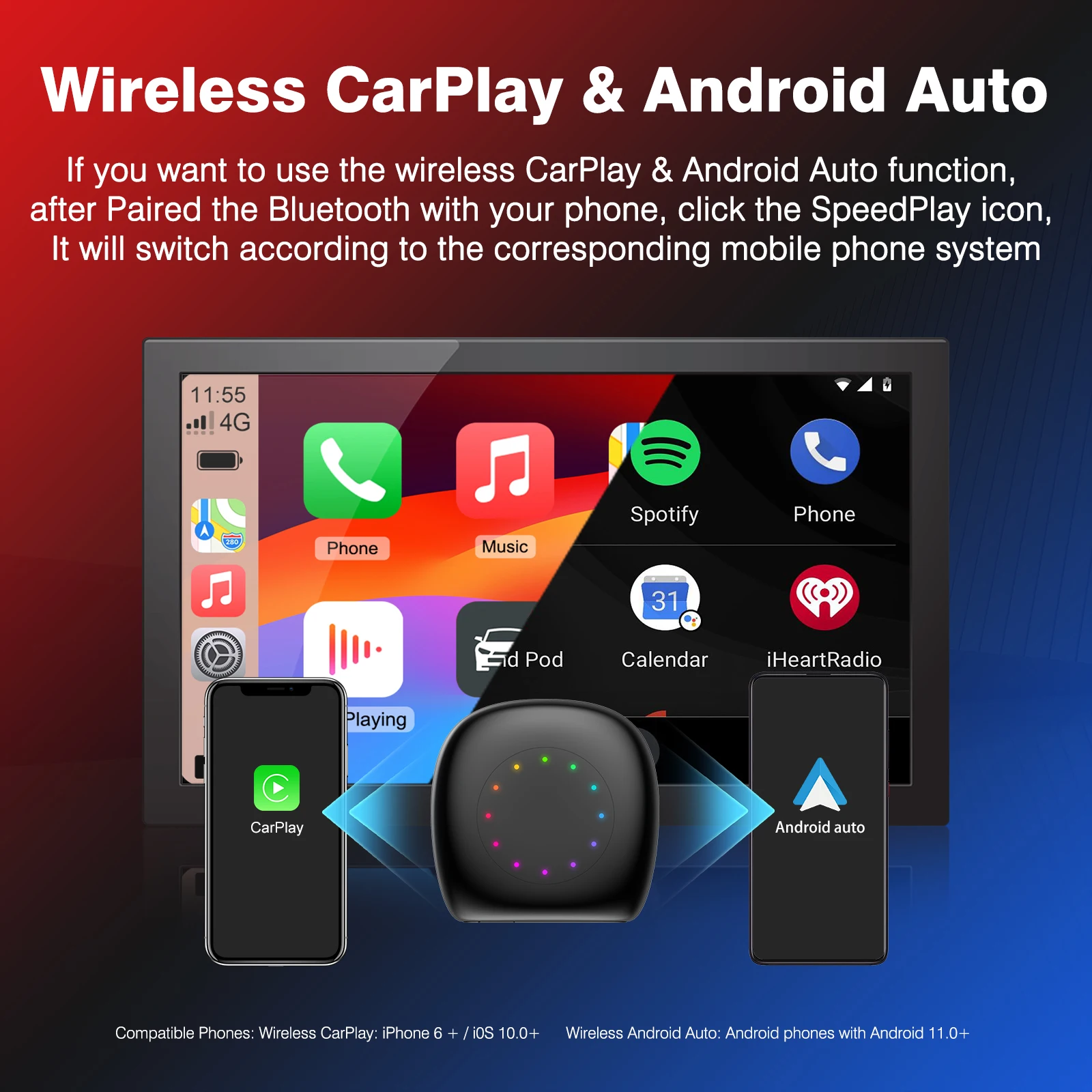 Android 13 CarPlay Ai Box مع ضوء محيط، سلكي إلى لاسلكي Android Auto Qualcomm Octa-core 4G+64G، مدمج بنظام تحديد المواقع العالمي (GPS)