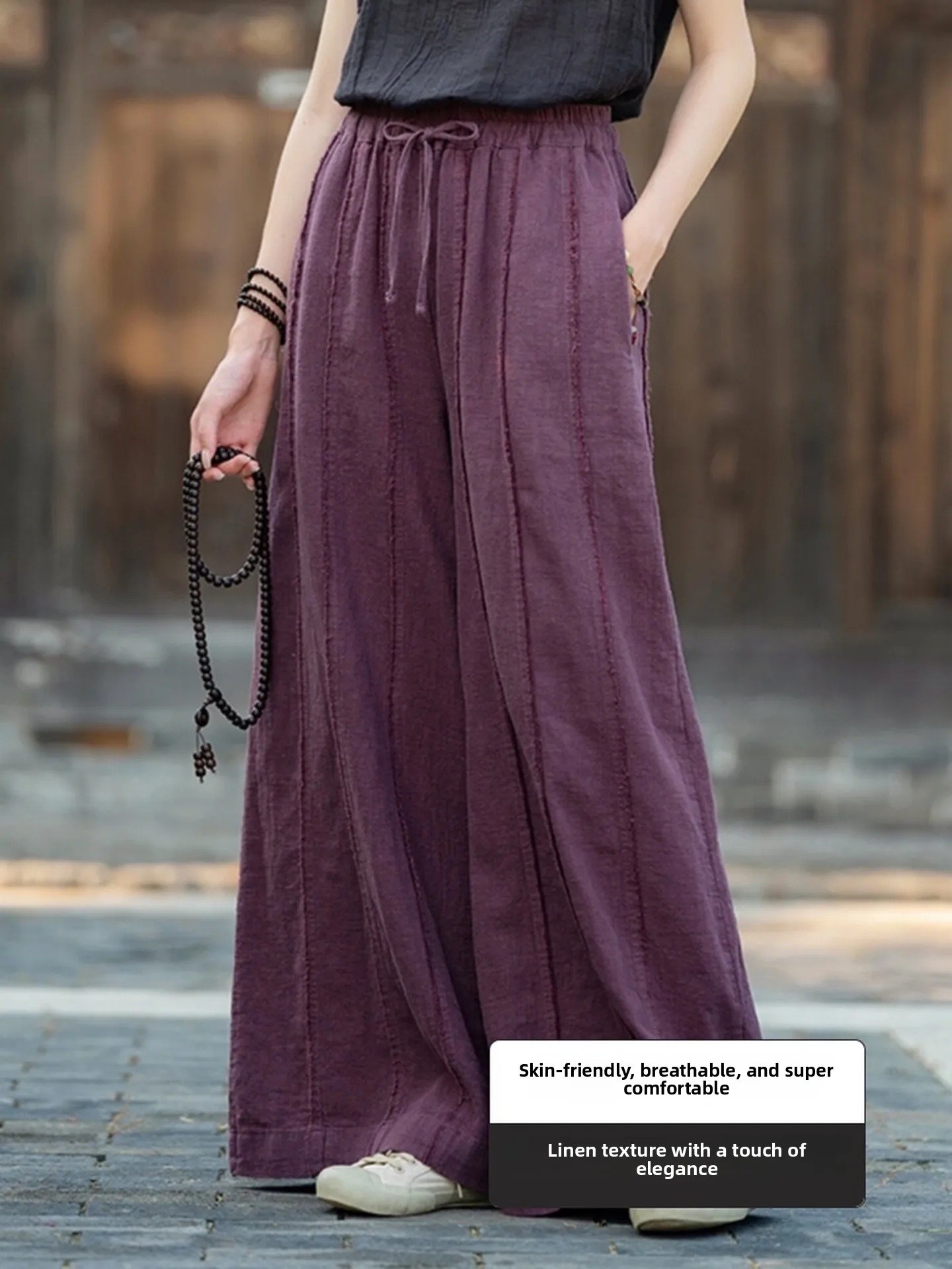 Cotton Linen Casual Pants Women Loose Versatile Faded Brushed Long Pants Personality Travel Zen Wide Leg Rope Splicing Skirt ...