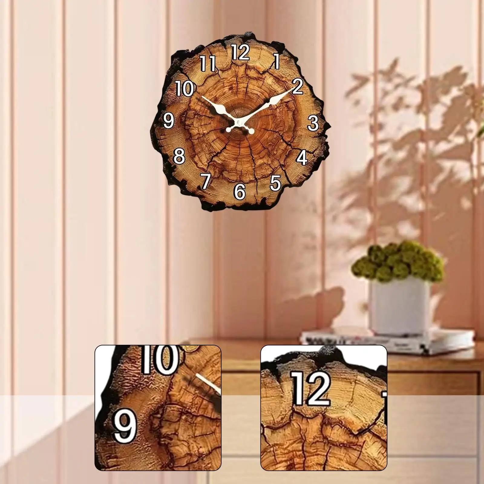 Wood Wall Clock Silent Movement Quiet Stylish Wood Grain Stump Clock Arabic